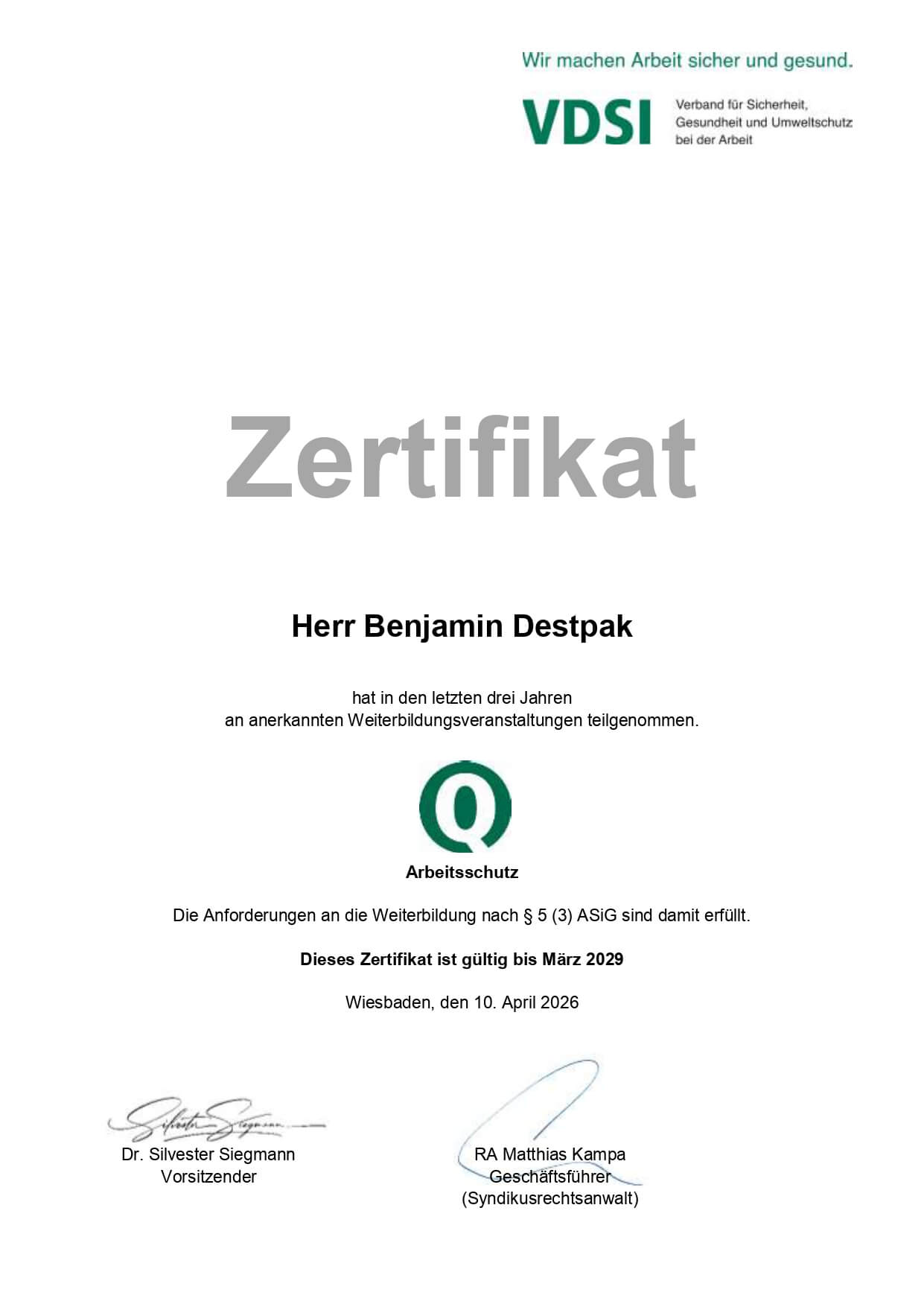 VDSI Zertifikat 2026 Page 0001 | Über uns