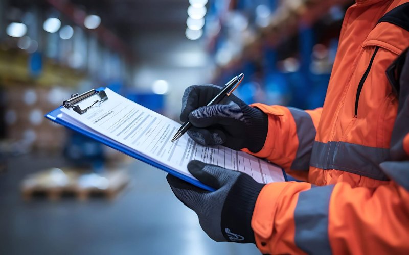 Safety officer performing a thorough safety audit in a factory setting.