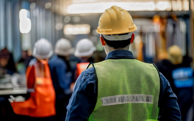Gruppe von Arbeitern mit Fokus auf den Bauhelmen, symbolisiert die Themen Arbeitssicherheit und Unfallschutz