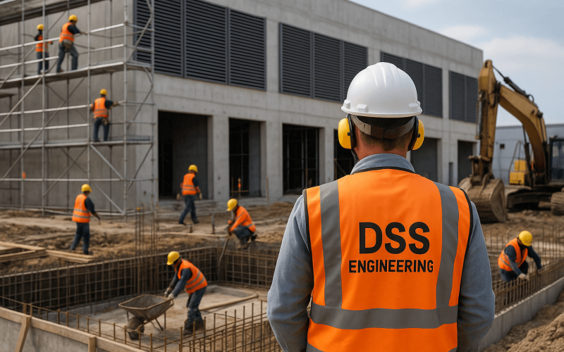 Ingenieur mit DSS ENGINEERING-Weste überwacht Bauarbeiten an Gebäude.