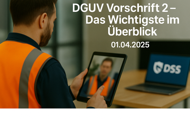 Mann mit Warnweste hält Tablet, Text: DGUV Vorschrift 2 – Überblick 01.04.2025.